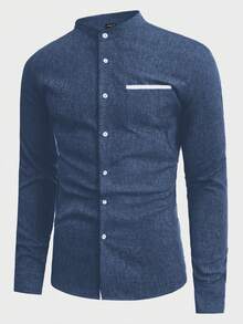 HIMLAND 男士纽扣长袖梭织衬衫，秋季 - 藏蓝色 - 查看 1