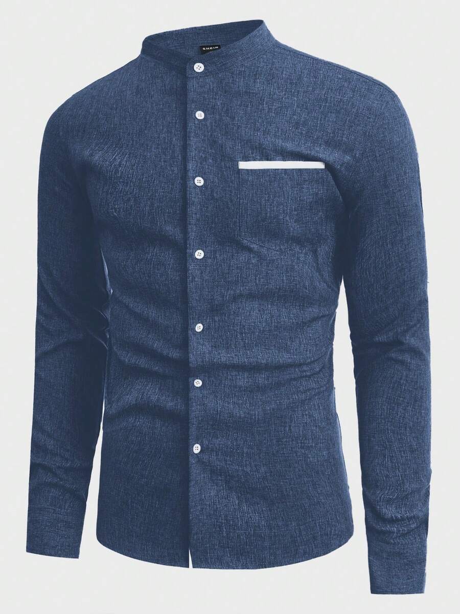 HIMLAND 男士纽扣长袖梭织衬衫，秋季 - 藏蓝色 - 查看 1