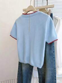 Franclia French Retro Round Neck Short Sleeve Light Blue Knit Top For Women,Elegant Colorblock Casual Autumn Brunch Baby Blue Loose Knitted Sweater Blouse - Baby Blue - View 2
