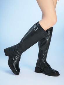 Sugerpunk 女士搭扣设计休闲厚底过膝长靴 - 黑色 - 查看 4