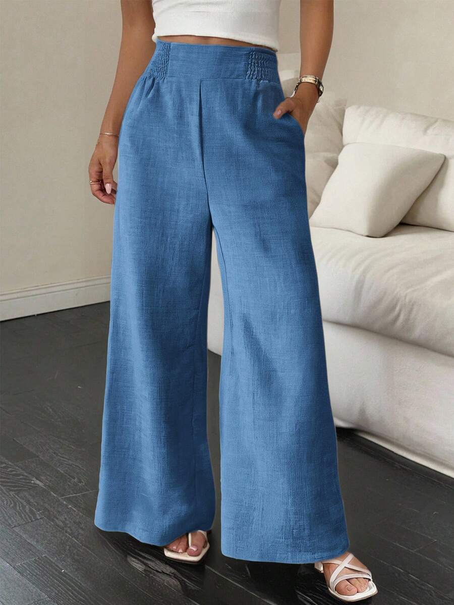 SHEIN Essnce Pantalones de verano para mujer, de rayas, con cordón en la cintura, rectos, sueltos, informales - Azul - Ver 1