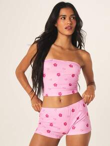 MISSGUIDED Women Floral Heart Print Bandeau Crop Top And Matching Hot Pants Pajama Set Sleepwear Nightwear Co Ord Summer Loungewear - Multicolor - View 4