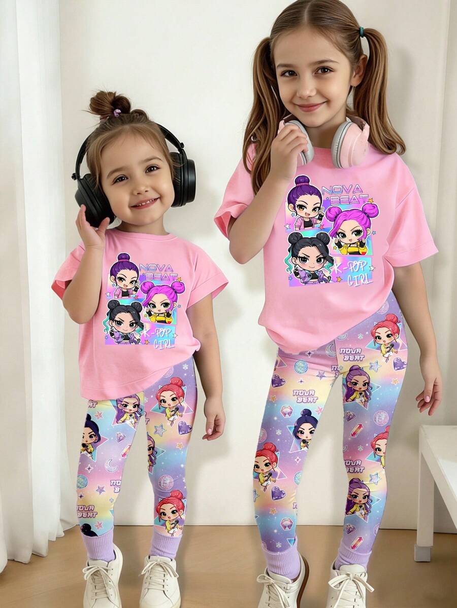 SHEIN 2pcs/Set Young Girl Casual Fashionable Creative Personalized Refreshing Minimalist Cute Virtual Girl Group Cartoon Character Colorful Star Moon Diamond Heart Gradient Print Short T-Shirt And Leggings Outfit, Comfortable Daily Wear, Suitable For Spring, Summer, Autumn - Multicolor - View 1