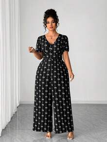 SHEIN Elenzya Plus Size V-Neck Butterfly Print Jumpsuit - Black - View 3