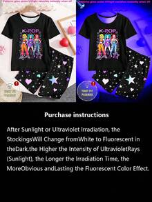 Tween Girls Glow-In-The-Dark Pajama Set, Black Short Sleeve Top With Girl Group Print And Black Leggings With Star & Heart Print, Tight Fit Style Runs Small, Recommend Sizing Up - White - View 6