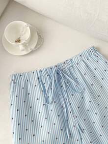 SHEIN Unity Women's Low-Waist Striped Cherry Print Casual Wide-Leg Pants, Collegiate Style, Cute And Sweet, Suitable For Vacation Summer Pants Linen For Women Striped Pants Blue Pants Drawstring Pants - Blue - View 3