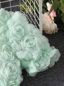 女童薄荷綠夏季優雅花童禮服，泡泡袖圓領3D玫瑰花短袖洋裝，附蝴蝶結腰帶，適合派對婚禮 - 綠色 - 查看 9
