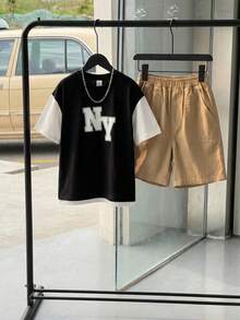 SHEIN 2pcs/Set Tween Boys' Casual Color Block Round Neck 2 In 1 Short Sleeve T-Shirt And Shorts Set, Suitable For Commuting, School, Daily Casual Wear, Sports, Spring/Summer - Black - View 7