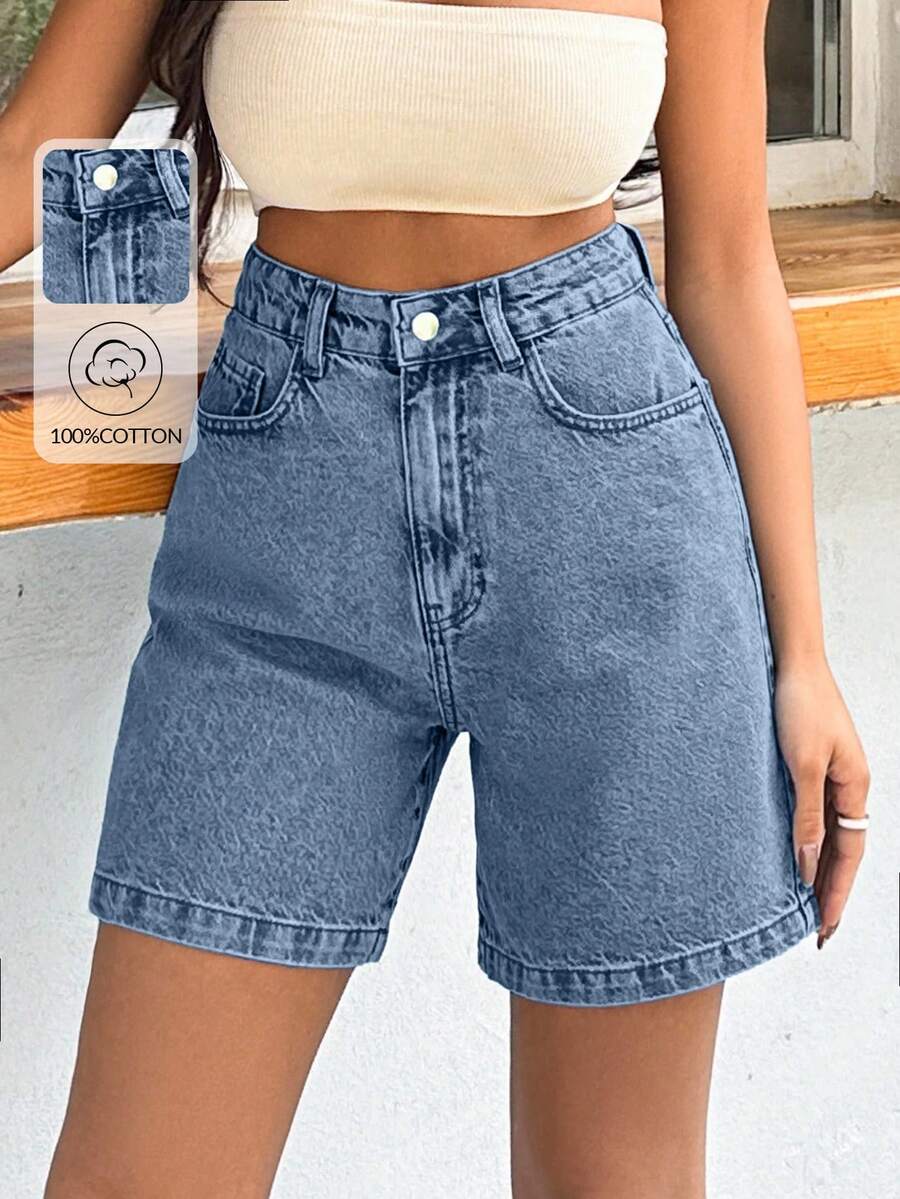EURMUSE 100%Cotton Rigid Medium Wash Women Short - Baby Blue - View 1