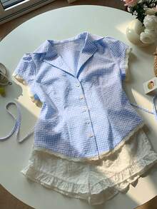 Comfortcana 女士休闲格纹纹理单排扣衬衫，夏季蓝色上衣 - 藍色 - 查看 5