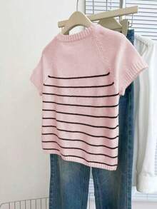 Franclia 休闲宽松圆领短袖针织条纹半开襟纽扣设计米色女士春夏套头毛衣短袖毛衣学院风上衣可爱短袖上衣针织衫女士夏季上衣女士针织衫粉色条纹衬衫女士可爱上衣婴儿粉女士上衣女士针织衫女士短袖毛衣女士上衣女士服装女士休闲上衣女士最新款女士上衣新品 - 粉色 - 查看 2