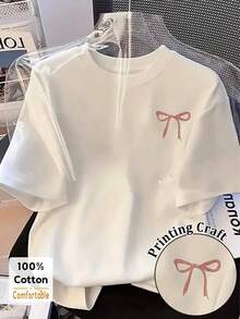 Resyla 女士休闲日常通勤百搭蝴蝶结印花短袖T恤，夏季 - 白色 - 查看 1