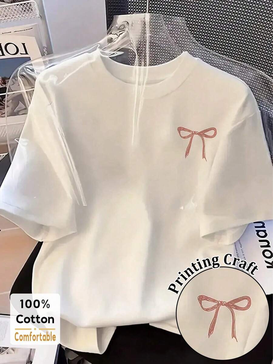 Resyla 女士休闲日常通勤百搭蝴蝶结印花短袖T恤,夏季 - 白色 - 查看 1