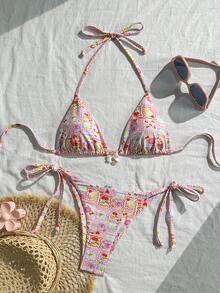 Swim Mod Women's Random Floral Print Halter Bikini Set, Spring/Summer Beach Outfit For Women Summer Swimwear Holiday - Multicolor - View 4