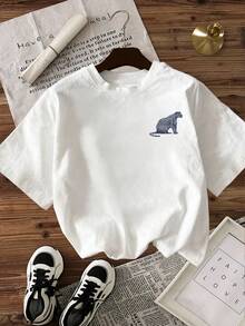 EMERY ROSE Women's 100% Cotton Casual Vacation Leopard Print Short Sleeve T-Shirt, Suitable For Daily Commute - White - View 2