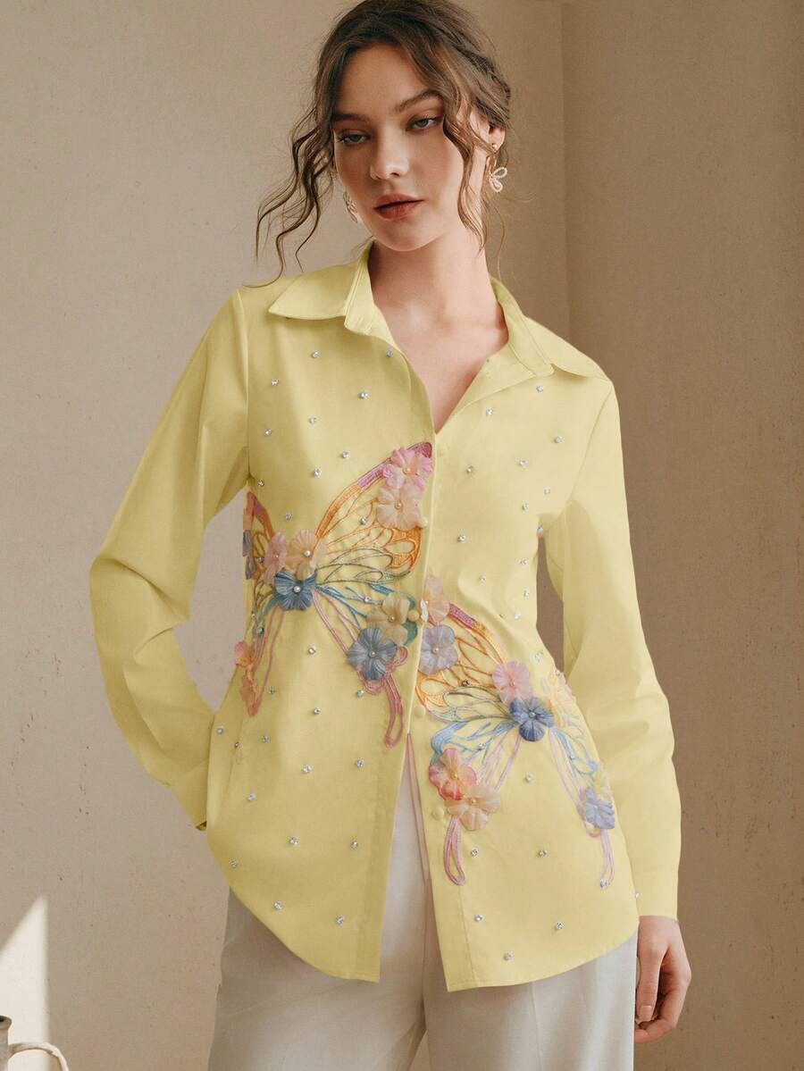 Women's New Spring/Summer Long Sleeve Pink Embroidered Rhinestone Butterfly Elegant Luxurious Blouse, Delicate Shirt, Pink Ladies Shirt, Pink Top - Yellow - View 1