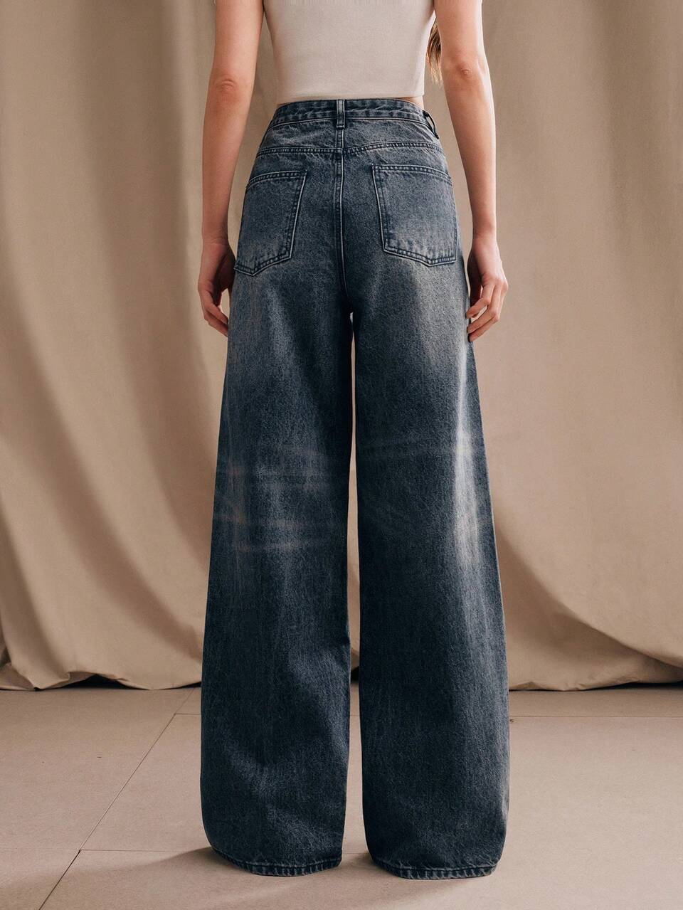 Anewsta Women's Casual Washed Blue Fashion Slant Pocket Wide Leg Jeans