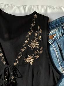 GlowEve CURVE Plus Size Bohemian Style Casual Tie-Up Embroidered Jacket - Black - View 3