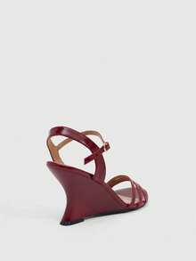 CUCCOO SZL 女士夏季系带打结性感漆皮酒红色露趾凉鞋，适合晚宴约会 - 酒紅色 - 查看 3