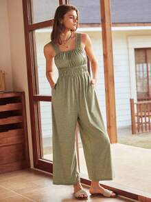 Bohemian Style Casual Vacation Women Jumpsuit - Olive Green - View 3