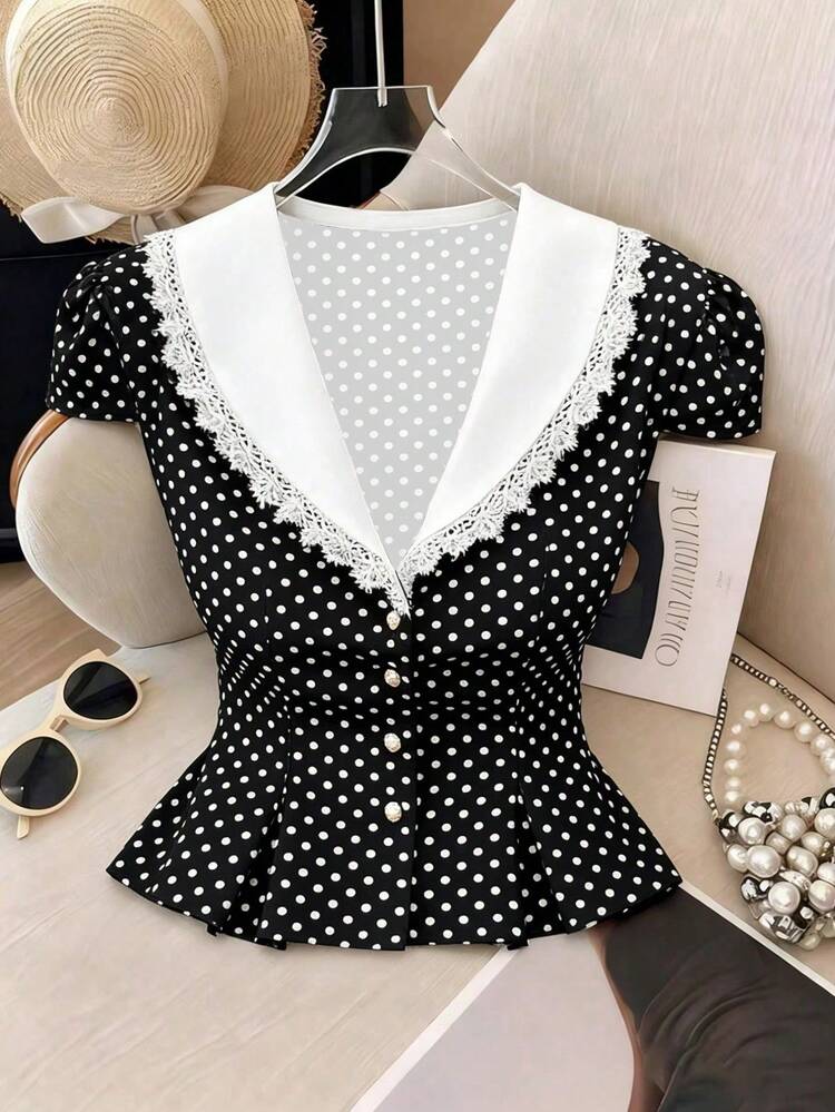 Franclia Elegant Cinched Waist Contrast Color Polka Dot Decorated Blouse For Women Polka Dot Top Women Tops Elegant Black And White Top Polka Dot Blouse Lace Trim Top Black And White Polka Dot Top Black And White Blouse Polka Dot Shirt Women's Elegant Top Cute Work Tops Peplum Top Vintage Women S Clothing Preppy Top - Black - View 1