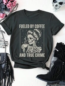 EMERY ROSE Camiseta de manga corta con cuello redondo y estampado de calavera bebiendo café, eslogan gráfico y talla grande - Gris Oscuro - Ver 3