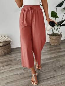 Easowa 休闲棉麻混纺九分裤，卡其色，薄款，适合返校季、教师制服穿着，女士款 - 黏土紅 - 查看 5