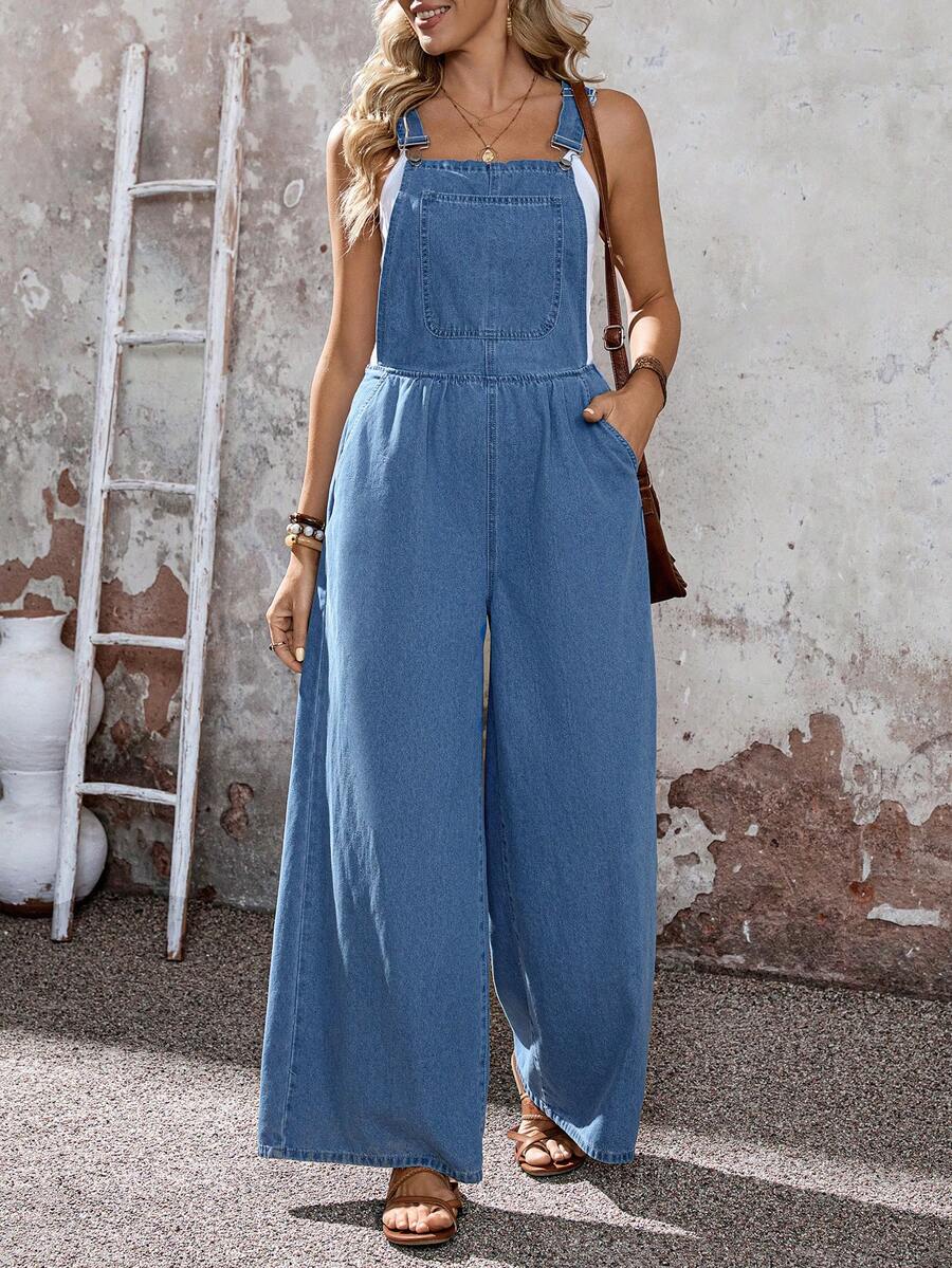 EMERY ROSE Women's Casual Everyday Commute Slant Pocket Loose Wide Leg Denim Jumpsuit - Blue - View 1