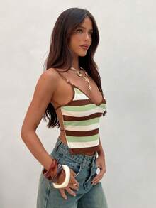 Aloruh 女士优雅V领露背条纹针织吊带背心，适合海滩度假、夏季穿着，是女士夏季、海滩、外出等场合的理想之选。这款优雅的女士上衣，尽显复古韵味，是女士背心、女士上衣和夏季吊带衫的完美搭配。 - 彩色 - 查看 8