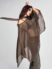ROMWE Grunge Punk Bohemian Style Scarf Decor Off-Shoulder Asymmetrical Hem Cover-Up - Brown - View 4