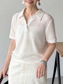 FRIFUL Women's Partial Placket Polo Collar Semi-Sheer Basic Comfortable T-Shirt - Beige - View 4