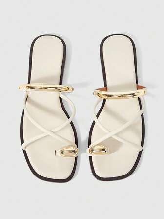 Sleekvia Ladies Comfortable Flat Wear-Resistant Versatile Metal Outdoor Flip-Flops Slippers Summer Shoes
