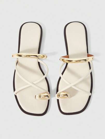 Sleekvia Ladies Comfortable Flat Wear-Resistant Versatile Metal Outdoor Flip-Flops Slippers