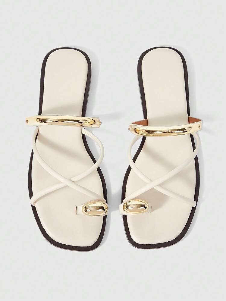 Ladies Comfortable Flat Wear-Resistant Versatile Metal Outdoor Flip-Flops Slippers Summer Shoes - Apricot - View 1