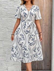 EMERY ROSE 女士休闲度假植物印花短袖连衣裙 - 藍白色 - 查看 5