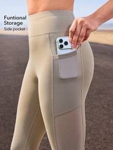 OutZeal Women Sports Leggings Gym Running Tummy Control High Waistband Mesh Panel With Pocket Active Bottoms - Khaki - View 3