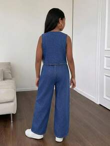 SHEIN Conjunto informal de niña preadolescente con chaleco de mezclilla y pantalones vaqueros de pierna ancha - Azul - Ver 3