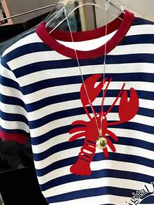 Áo thun ngắn tay in hình tôm hùm kẻ sọc kỹ thuật số dành cho bé gái tuổi teen, kiểu dáng thoải mái và năng động, thích hợp cho mùa xuân/hè, thời trang, phù hợp cho các hoạt động ngoài trời, dã ngoại, chụp ảnh đường phố, ở nhà, đi học, lễ hội, làm quà tặng. - trắng - Xem 3