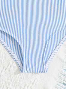 Young Girls' 1-Piece Bikini Sets,Knitted Blue & White Striped Adjustable Spaghetti Strap Double-Layer Ruffle Trim Swimwear For Summer,Beach,Holiday - Blue and White - View 4
