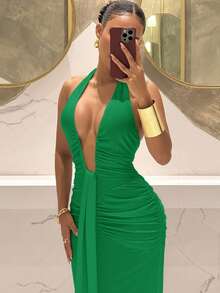 Slaydiva 2025新款优雅深V领美人鱼连衣裙，适合派对、生日、酒吧、夜店、情人节、万圣节、圣诞节等场合 - 棕色 - 綠色 - 查看 5