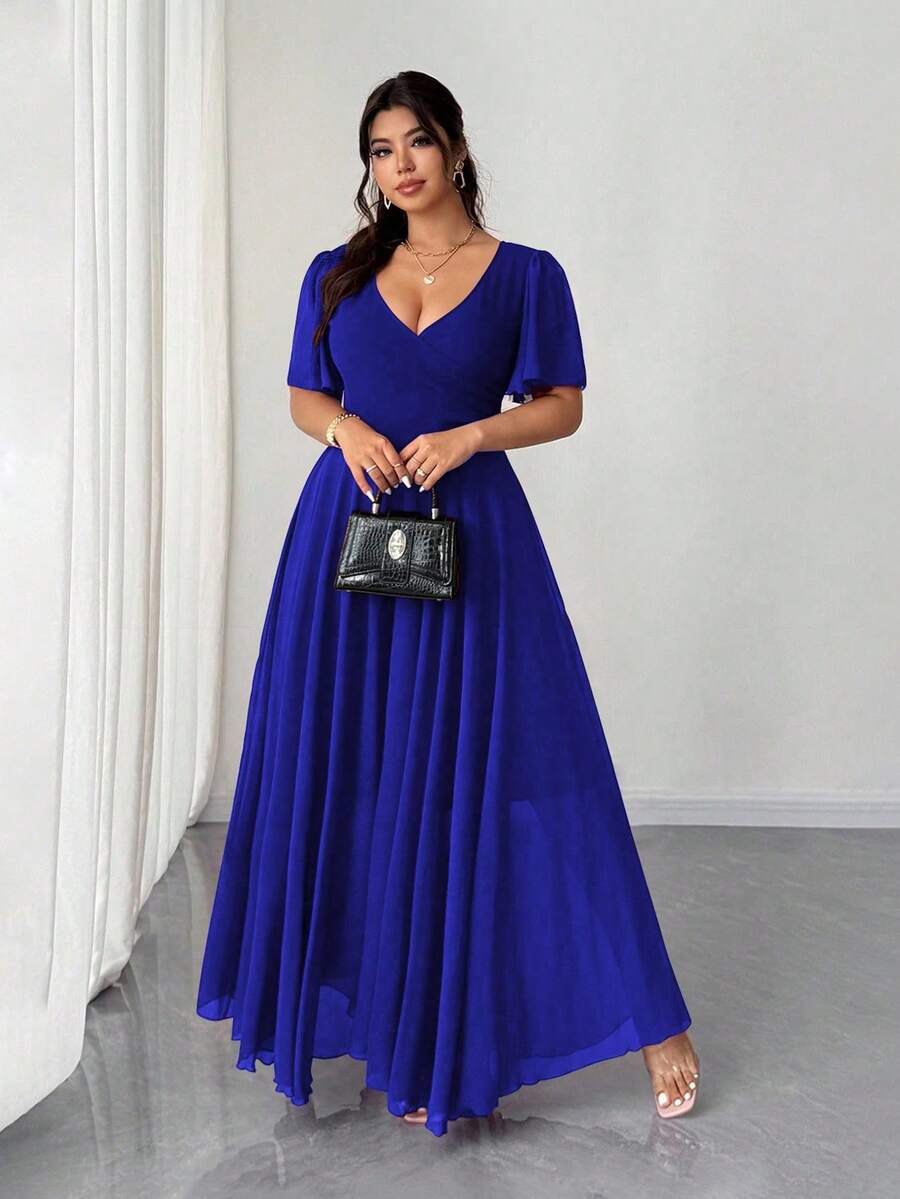 Elenzga Plus Size Women Chiffon Ruffle Sleeve V-Neck A-Line Dress, Simple Elegant Romantic Graceful Flowing - Royal Blue - View 1