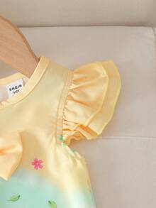 SHEIN Baby GirlCute Bee & Floral Print Double Ruffle Sleeve A-Line Dress, Summer - Yellow - View 3