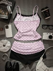 SHEIN EZwear 休闲简约性感粉色撞色蕾丝粉色底黑色波点性感吊带背心搭配撞色褶皱短裤，女士两件套，适合夏季穿着 - 彩色 - 查看 2