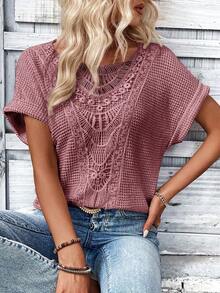 EMERY ROSE Camiseta de cuello redondo de manga corta de unicolor y textura para mujer - Morado - Ver 4