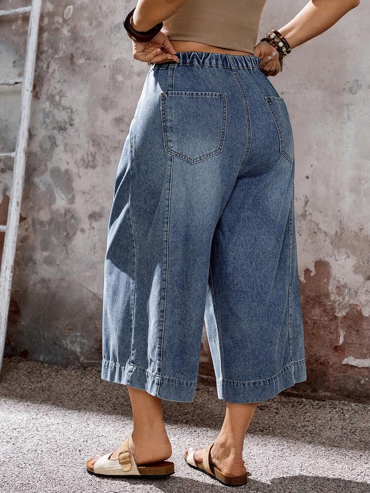 EMERY ROSE Mature Denim Jeans de pierna ancha con bolsillos, pliegues y botones, de uso versátil y casual para mujer de talla grande - Azul - Añade 2