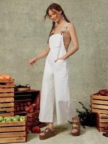 WESTFADE Floral Jacquard Straps Lace Pocket 100 Cotton Relaxed Flared Leg Overalls, All White, Boho Cottage Core, Casual, Picnic, Western Rodeo Nashville - Apricot - View 1