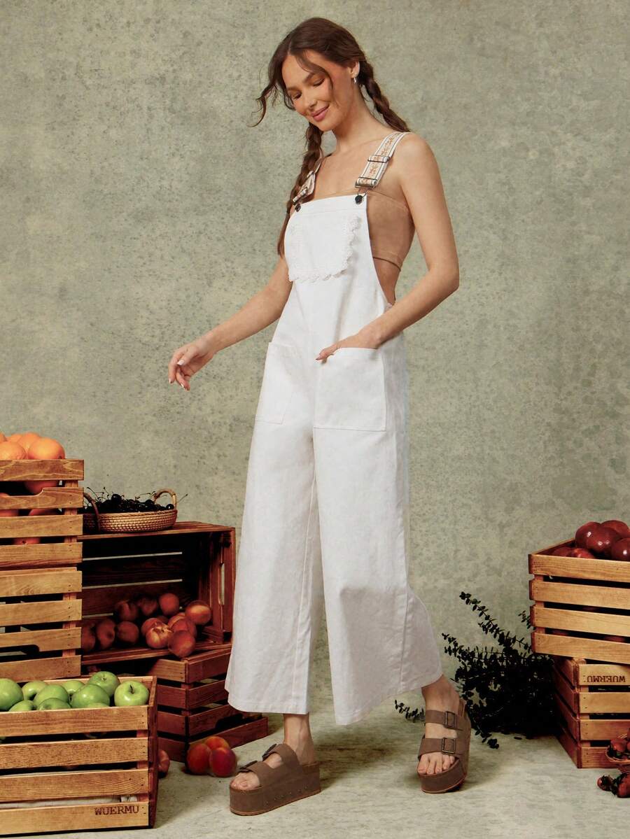 WESTFADE Floral Jacquard Straps Lace Pocket 100 Cotton Relaxed Flared Leg Overalls, All White, Boho Cottage Core, Casual, Picnic, Western Rodeo Nashville - Apricot - View 1