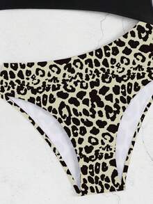 Tween Girl Leopardmönstrad Off-Shoulder Baddräkt i Helt Delat, Lämplig För Strandsemester, Poolparty, Strandfest - Svart - Visa 5