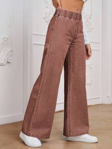 SHEIN Tall Pantalones vaqueros casuales de pierna ancha y cintura elástica para mujer - Café integral - Ver 4