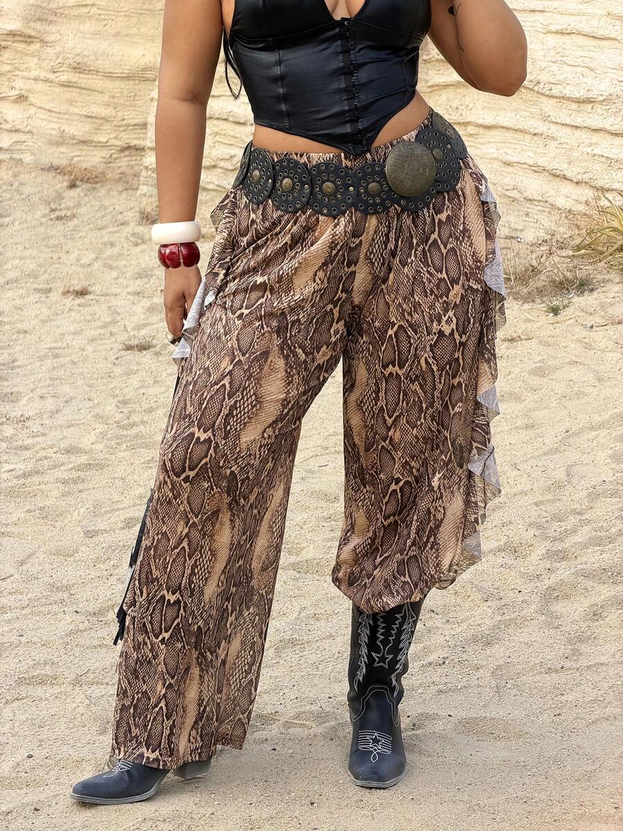 Rustia 大码雪纺荷叶边度假裤，春夏款 - 彩色 - 查看 1